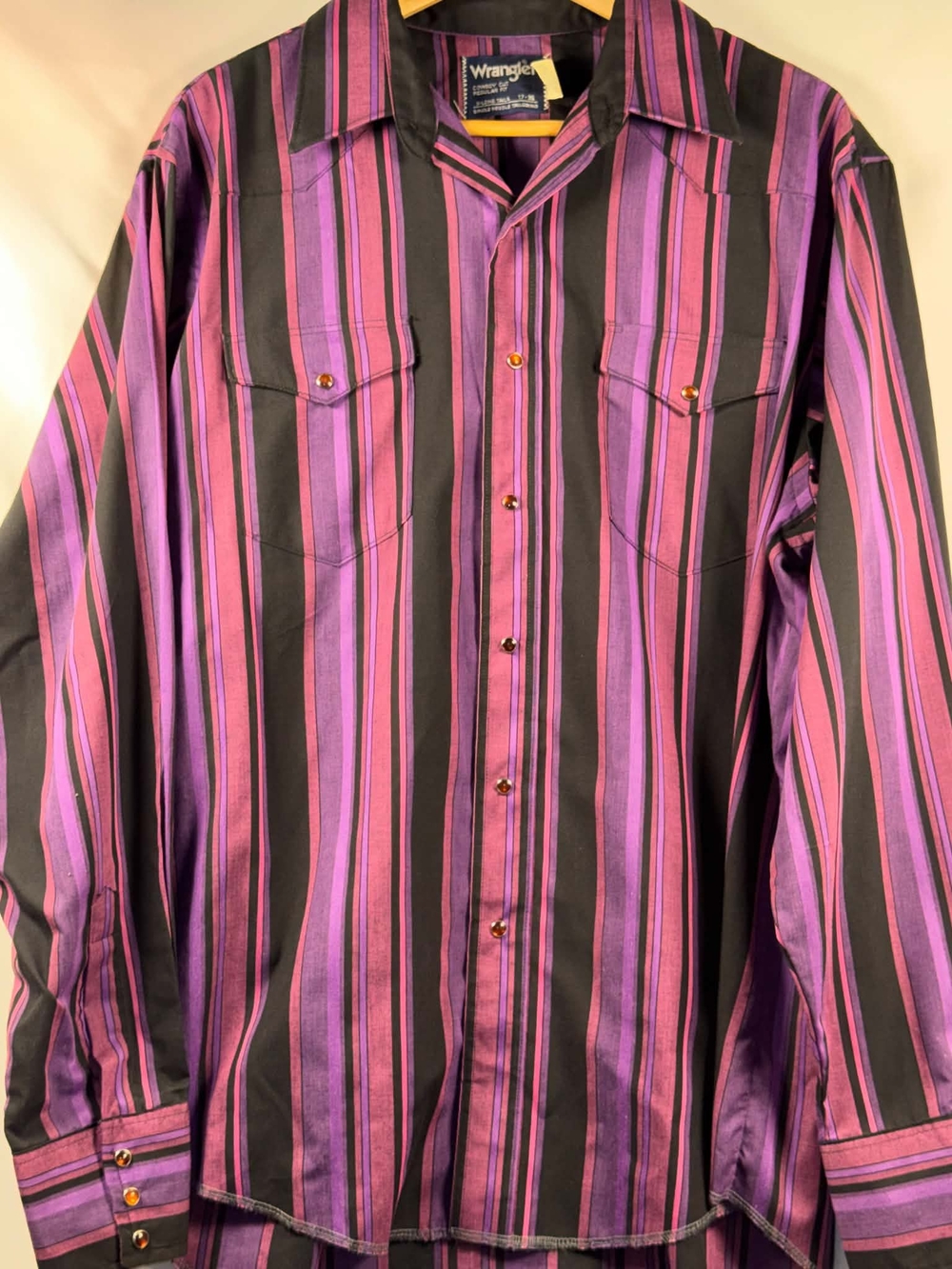 Wrangler Vintage Men’s Purple & Black Striped Button-Up Shirt X-Long Tails 17-36